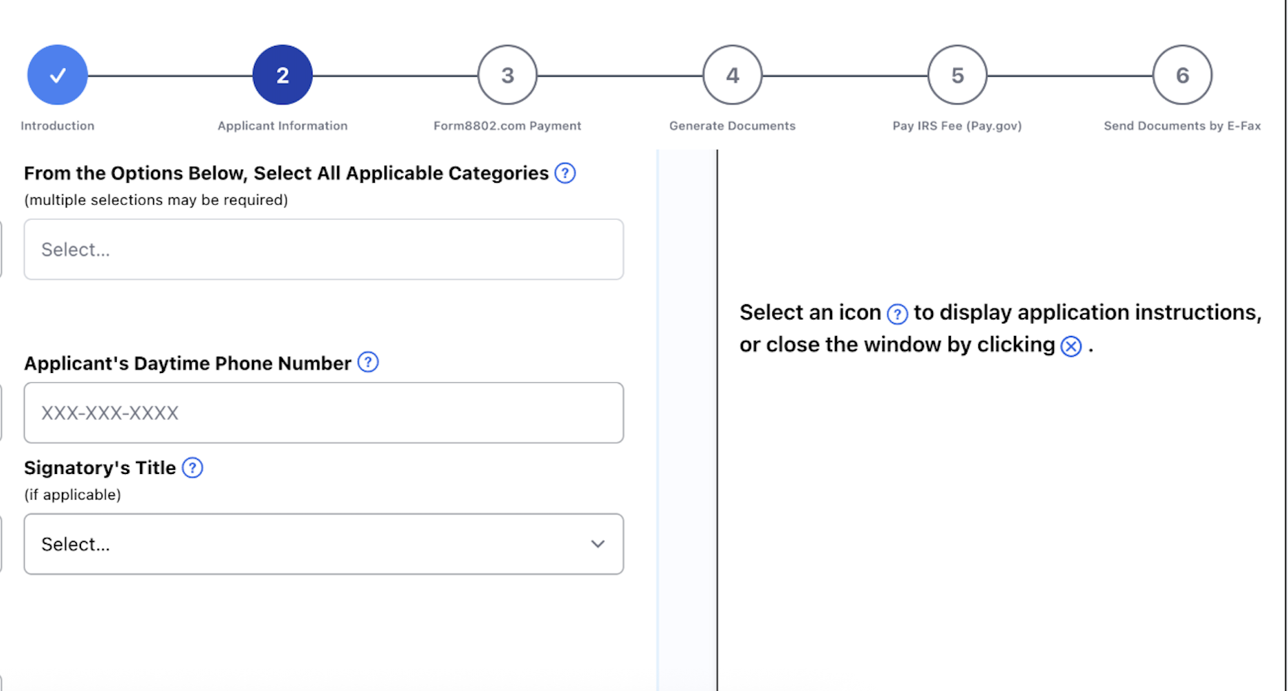 IRS Form 8802 application preview showing guided fields