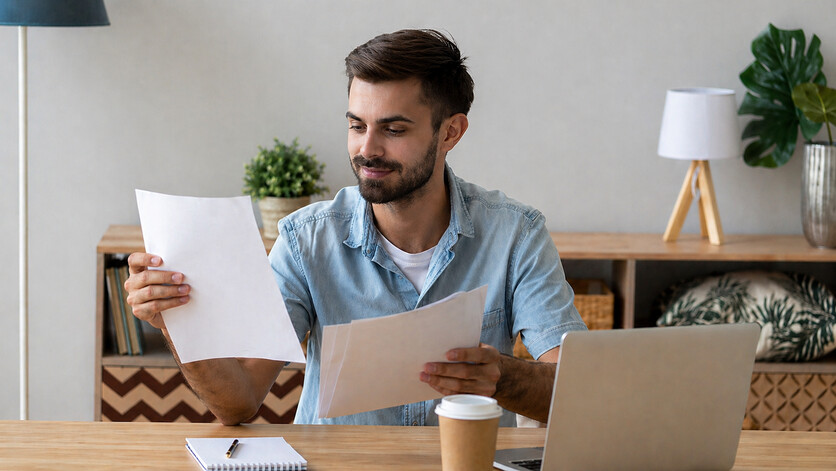 Man reviewing paper documents and tax forms at his desk